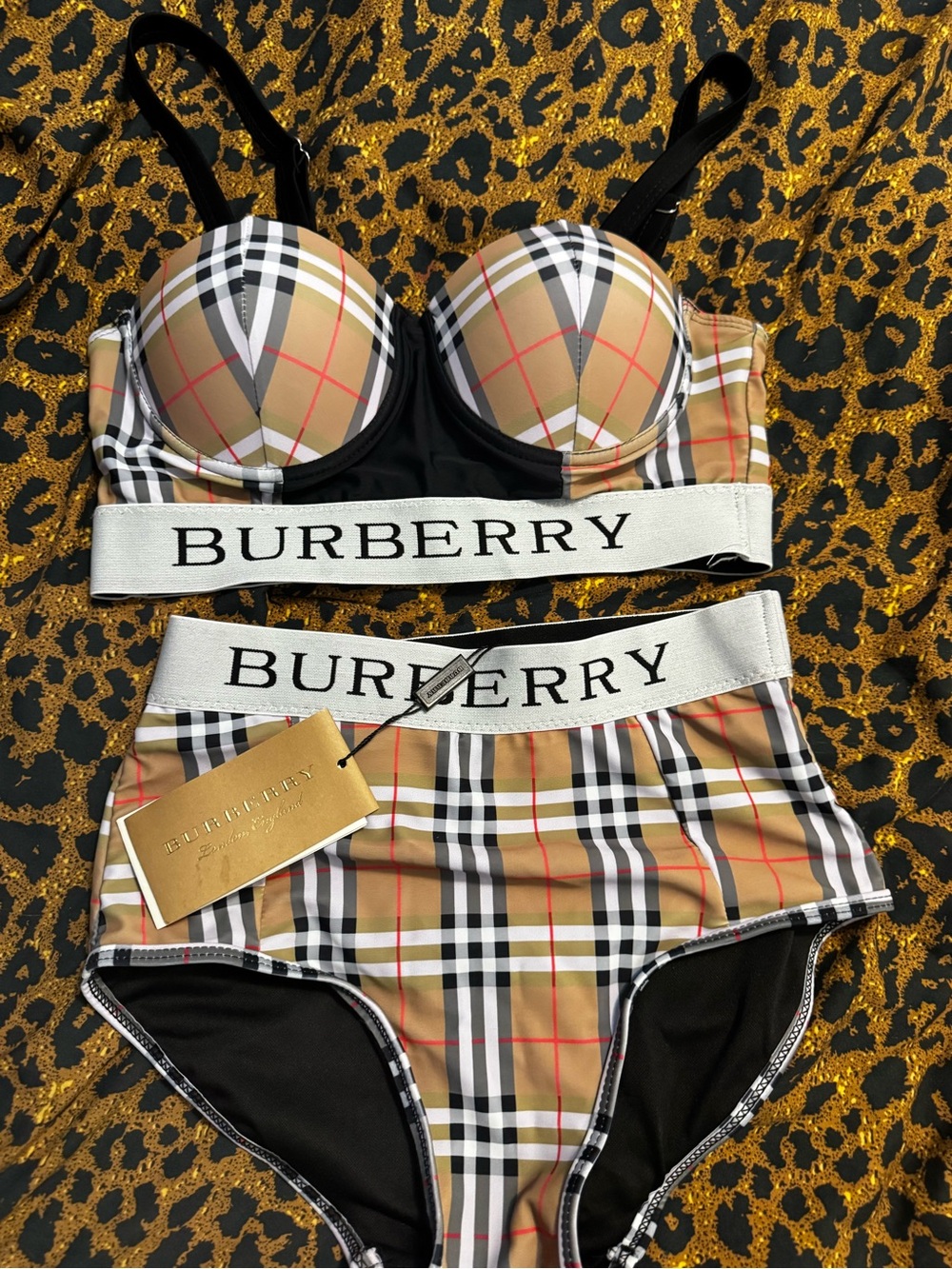 Burberry Beige Check Bralette & High-Waist Bikini Swim SET- Brand New